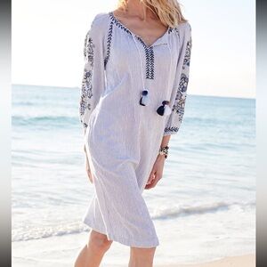 J Jill Women's ocean breeze striped Embroidered shift dress 3/4 sleeve tassel